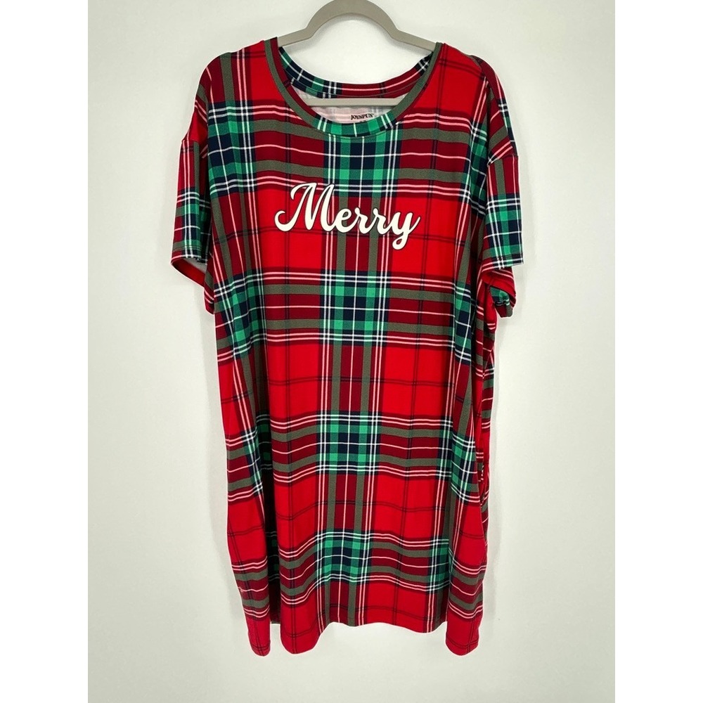 JoySpun Womens Size 2X3X Merry Nightgown Sleep Shirt Plaid Christmas Red Holiday